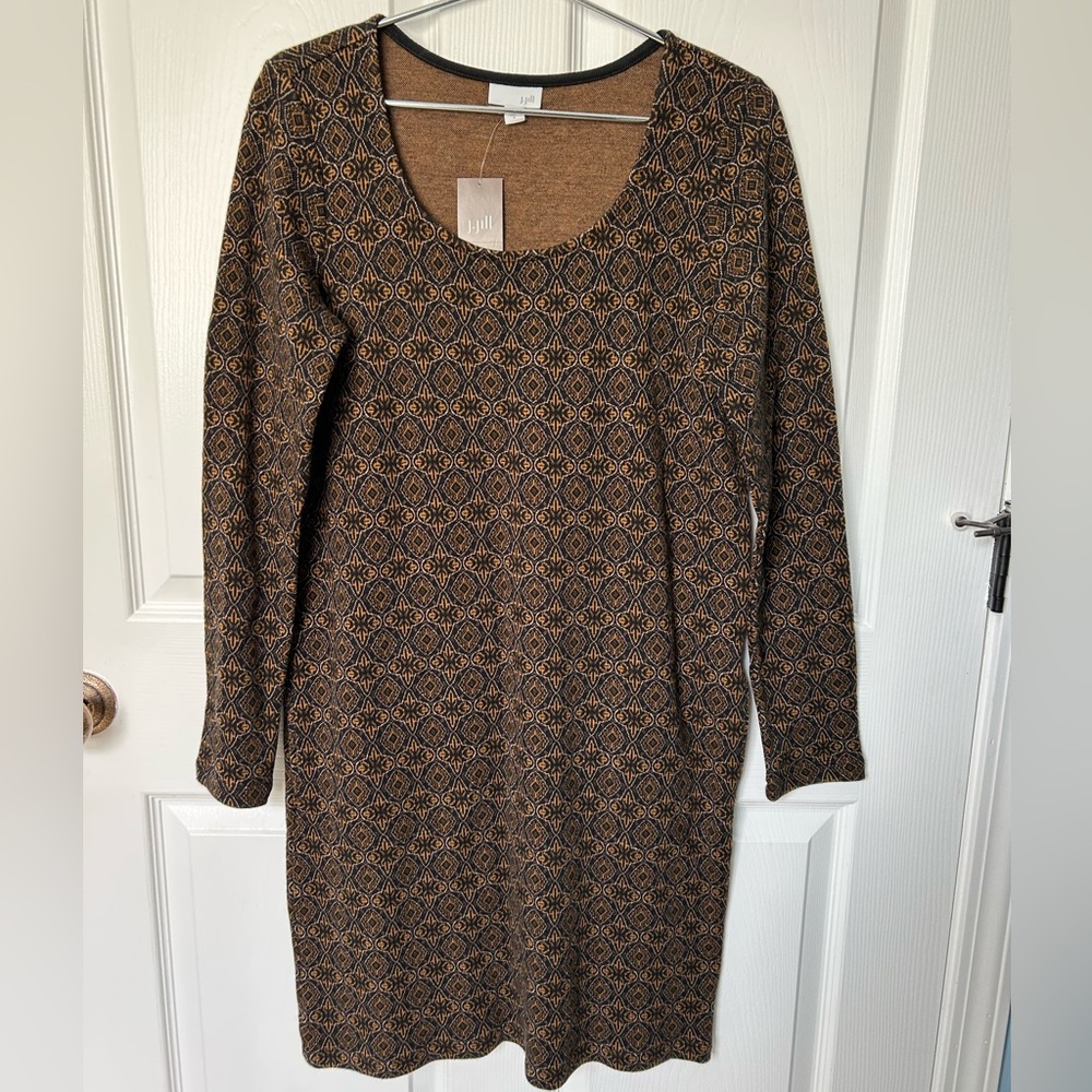 J Jill Cotton Knit Long Sleeve Geometric Shift Sweater Dress Size Small NWT